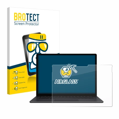 Parte frontal de un envase de producto con el logotipo de la marca BROTECT. Al lado se muestra el dispositivo Microsoft Surfac