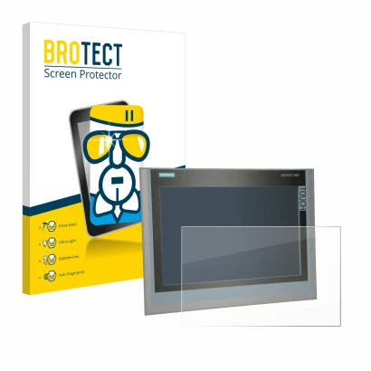 Parte frontal de un envase de producto con el logotipo de la marca BROTECT. Al lado se muestra el dispositivo Siemens Simatic 