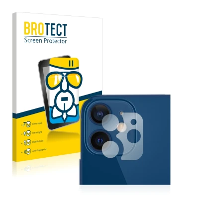 Parte frontal de un envase de producto con el logotipo de la marca BROTECT. Al lado se muestra el dispositivo Apple iPhone 12 