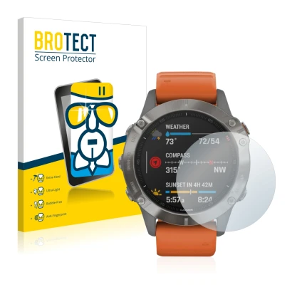 Parte frontal de un envase de producto con el logotipo de la marca BROTECT. Al lado se muestra el dispositivo Garmin Fenix 6 P