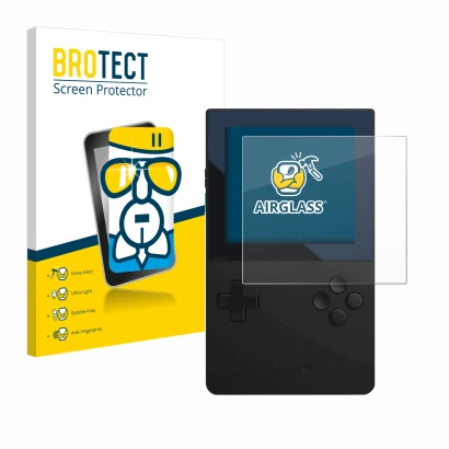 Parte frontal de un envase de producto con el logotipo de la marca BROTECT. Al lado se muestra el dispositivo Analogue Pocket 