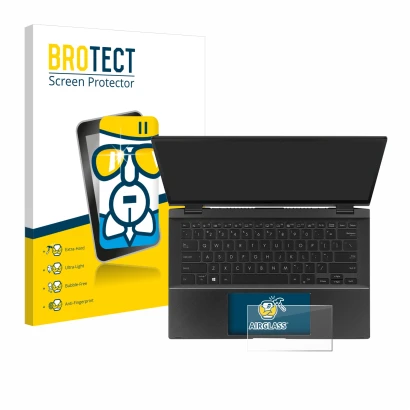 Parte frontal de un envase de producto con el logotipo de la marca BROTECT. Al lado se muestra el dispositivo ASUS ZenBook Fli