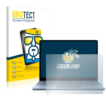 Parte frontal de un envase de producto con el logotipo de la marca BROTECT. Al lado se muestra el dispositivo Microsoft Surfac