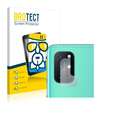 Parte frontal de un envase de producto con el logotipo de la marca BROTECT. Al lado se muestra el dispositivo OnePlus 8T (SÓLO