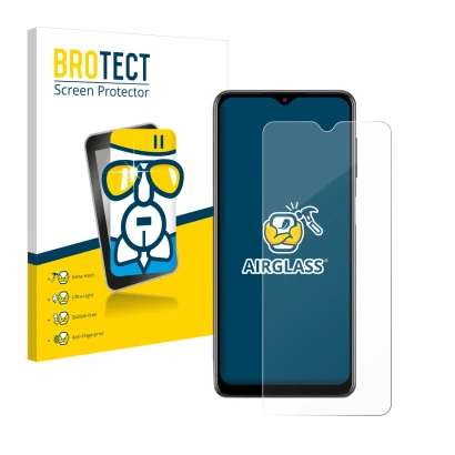 Parte frontal de un envase de producto con el logotipo de la marca BROTECT. Al lado se muestra el dispositivo Samsung Galaxy M