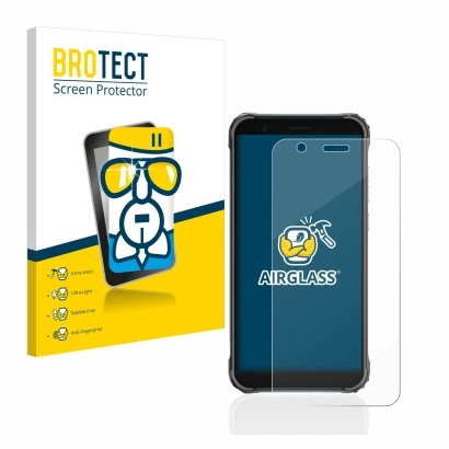 Parte frontal de un envase de producto con el logotipo de la marca BROTECT. Al lado se muestra el dispositivo Blackview BV4900