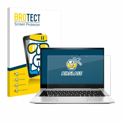 Parte frontal de un envase de producto con el logotipo de la marca BROTECT. Al lado se muestra el dispositivo HP EliteBook x36