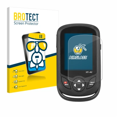 Parte frontal de un envase de producto con el logotipo de la marca BROTECT. Al lado se muestra el dispositivo Hti HT A2 con su