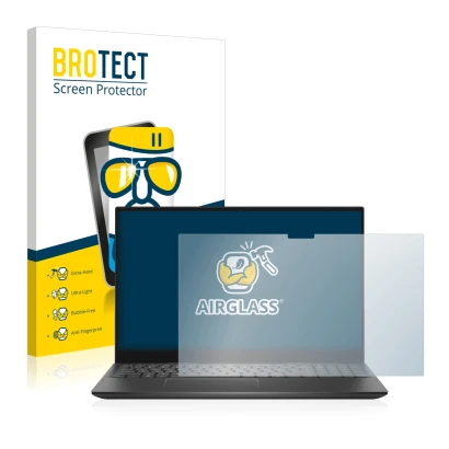 Parte frontal de un envase de producto con el logotipo de la marca BROTECT. Al lado se muestra el dispositivo Dell Inspiron 15