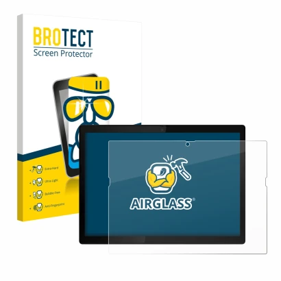 Parte frontal de un envase de producto con el logotipo de la marca BROTECT. Al lado se muestra el dispositivo Lenovo ThinkPad 