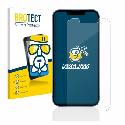 Parte frontal de un envase de producto con el logotipo de la marca BROTECT. Al lado se muestra el dispositivo Apple iPhone 13 