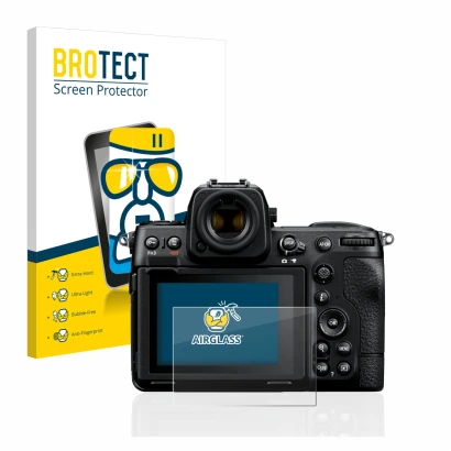 Parte frontal de un envase de producto con el logotipo de la marca BROTECT. Al lado se muestra el dispositivo Nikon Z 8 con su