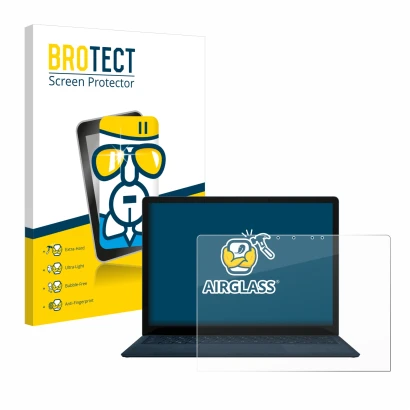 Parte frontal de un envase de producto con el logotipo de la marca BROTECT. Al lado se muestra el dispositivo Microsoft Surfac