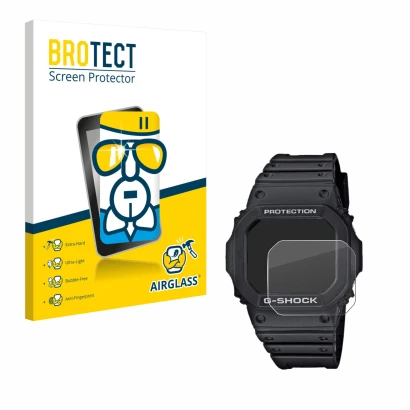 Parte frontal de un envase de producto con el logotipo de la marca BROTECT. Al lado se muestra el dispositivo Casio G-Shock GW