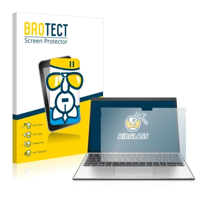 Parte frontal de un envase de producto con el logotipo de la marca BROTECT. Al lado se muestra el dispositivo HP Elite x2 G8 c