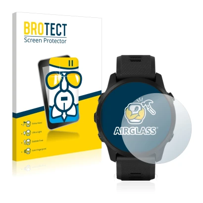 Parte frontal de un envase de producto con el logotipo de la marca BROTECT. Al lado se muestra el dispositivo Garmin Forerunne