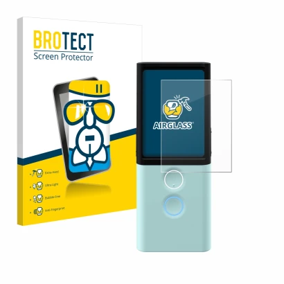 Parte frontal de un envase de producto con el logotipo de la marca BROTECT. Al lado se muestra el dispositivo Vasco Translator