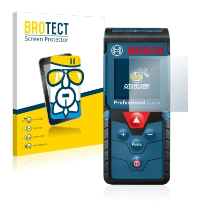 Parte frontal de un envase de producto con el logotipo de la marca BROTECT. Al lado se muestra el dispositivo Bosch GLM 40 Pro