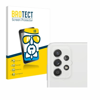 Parte frontal de un envase de producto con el logotipo de la marca BROTECT. Al lado se muestra el dispositivo Samsung Galaxy A