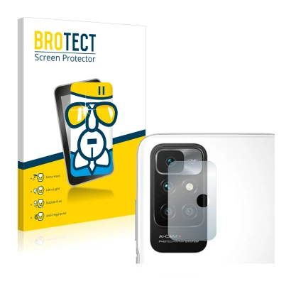 Parte frontal de un envase de producto con el logotipo de la marca BROTECT. Al lado se muestra el dispositivo Xiaomi Redmi 10