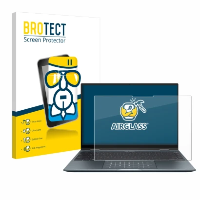 Parte frontal de un envase de producto con el logotipo de la marca BROTECT. Al lado se muestra el dispositivo ASUS ZenBook 14 