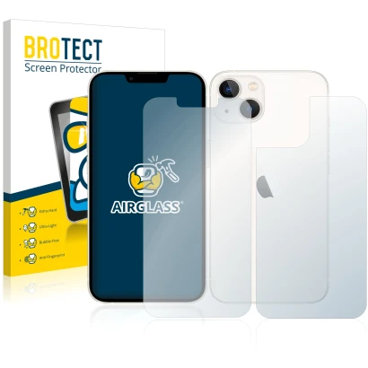 Parte frontal de un envase de producto con el logotipo de la marca BROTECT. Al lado se muestra el dispositivo Apple iPhone 13 