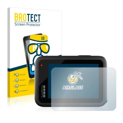 Parte frontal de un envase de producto con el logotipo de la marca BROTECT. Al lado se muestra el dispositivo GoPro Hero 10 Bl