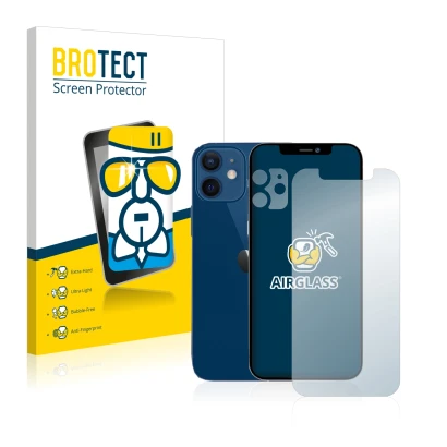 Parte frontal de un envase de producto con el logotipo de la marca BROTECT. Al lado se muestra el dispositivo Apple iPhone 12 