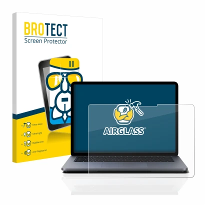 Parte frontal de un envase de producto con el logotipo de la marca BROTECT. Al lado se muestra el dispositivo Microsoft Surfac