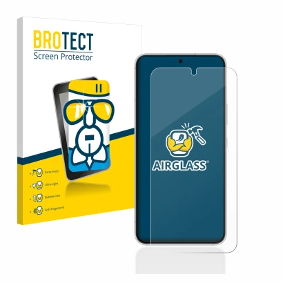 Parte frontal de un envase de producto con el logotipo de la marca BROTECT. Al lado se muestra el dispositivo Samsung Galaxy S