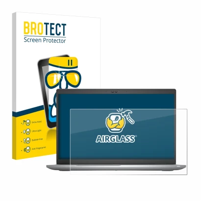 Parte frontal de un envase de producto con el logotipo de la marca BROTECT. Al lado se muestra el dispositivo Dell Latitude 55