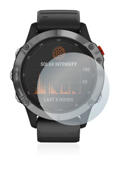 Imagen del dispositivo Garmin Fenix 6 Solar con una amplia variedad de protectores de pantalla.
