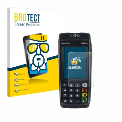 Parte frontal de un envase de producto con el logotipo de la marca BROTECT. Al lado se muestra el dispositivo ingenico Desk/50