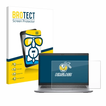 Parte frontal de un envase de producto con el logotipo de la marca BROTECT. Al lado se muestra el dispositivo Dell Latitude 54