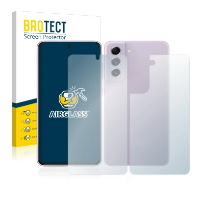 Parte frontal de un envase de producto con el logotipo de la marca BROTECT. Al lado se muestra el dispositivo Samsung Galaxy S