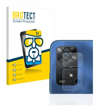 Parte frontal de un envase de producto con el logotipo de la marca BROTECT. Al lado se muestra el dispositivo Xiaomi Redmi Not