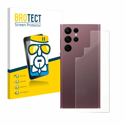 Parte frontal de un envase de producto con el logotipo de la marca BROTECT. Al lado se muestra el dispositivo Samsung Galaxy S