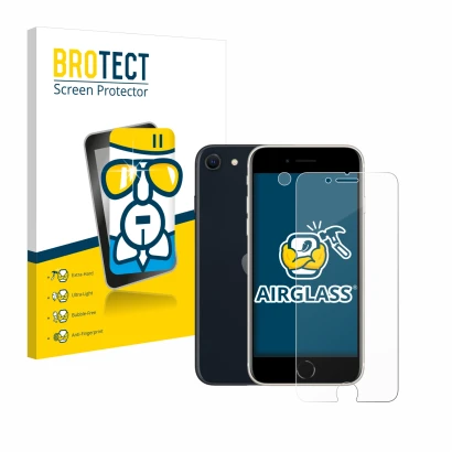 Parte frontal de un envase de producto con el logotipo de la marca BROTECT. Al lado se muestra el dispositivo Apple iPhone SE 