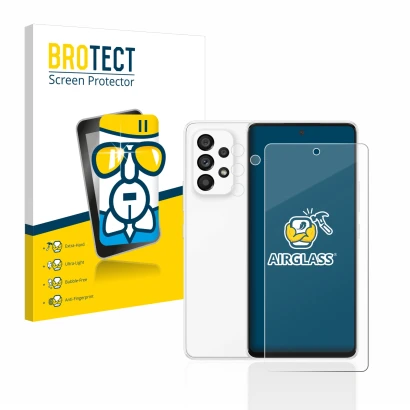 Parte frontal de un envase de producto con el logotipo de la marca BROTECT. Al lado se muestra el dispositivo Samsung Galaxy A