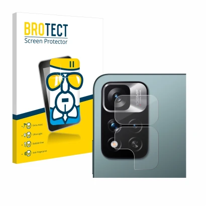 Parte frontal de un envase de producto con el logotipo de la marca BROTECT. Al lado se muestra el dispositivo Xiaomi Redmi Not