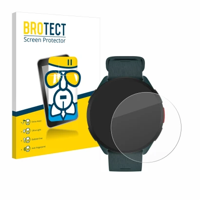 Parte frontal de un envase de producto con el logotipo de la marca BROTECT. Al lado se muestra el dispositivo Polar Pacer con 