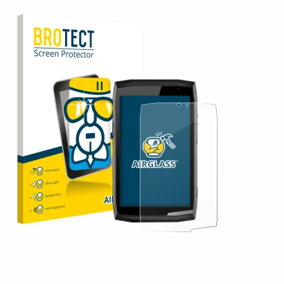 Parte frontal de un envase de producto con el logotipo de la marca BROTECT. Al lado se muestra el dispositivo Crosscall Core T