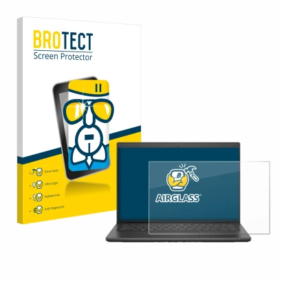 Parte frontal de un envase de producto con el logotipo de la marca BROTECT. Al lado se muestra el dispositivo Dell Latitude 34