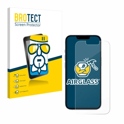 Parte frontal de un envase de producto con el logotipo de la marca BROTECT. Al lado se muestra el dispositivo Apple iPhone 14 