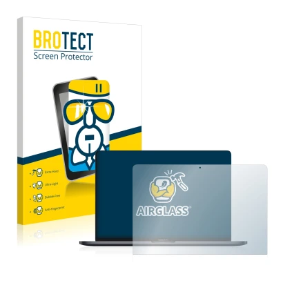 Parte frontal de un envase de producto con el logotipo de la marca BROTECT. Al lado se muestra el dispositivo Apple MacBook Pr