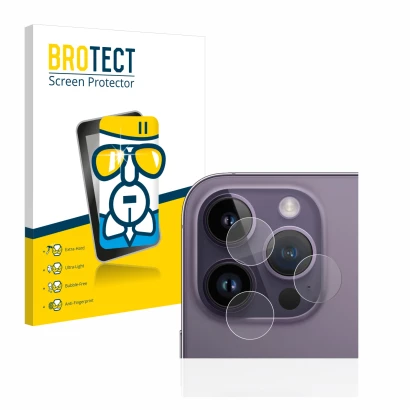 Parte frontal de un envase de producto con el logotipo de la marca BROTECT. Al lado se muestra el dispositivo Apple iPhone 14 