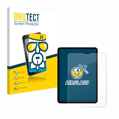 Parte frontal de un envase de producto con el logotipo de la marca BROTECT. Al lado se muestra el dispositivo Apple iPad Pro 1