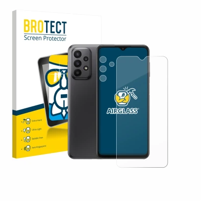 Parte frontal de un envase de producto con el logotipo de la marca BROTECT. Al lado se muestra el dispositivo Samsung Galaxy A