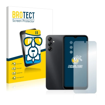 Parte frontal de un envase de producto con el logotipo de la marca BROTECT. Al lado se muestra el dispositivo Samsung Galaxy A