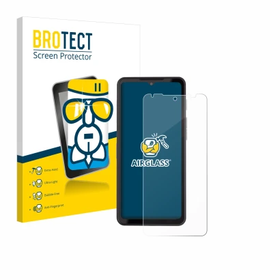 Parte frontal de un envase de producto con el logotipo de la marca BROTECT. Al lado se muestra el dispositivo Caterpillar Cat 